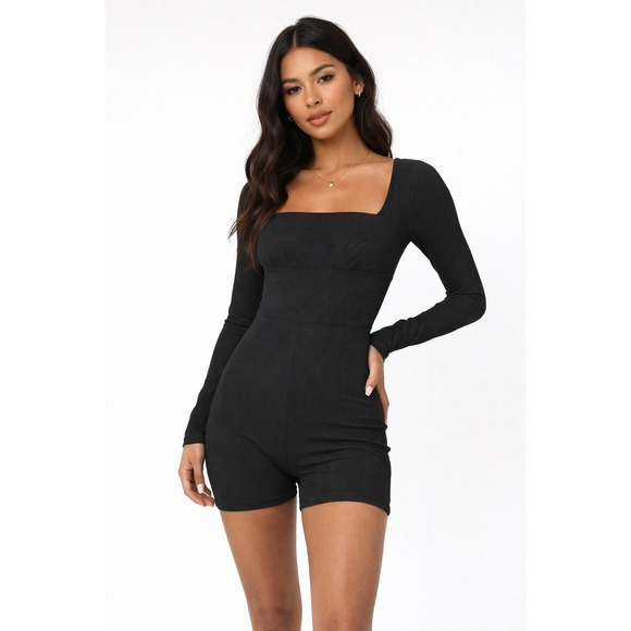 Princess Polly Pants - Princess Polly Black Ribbed Square Neck Long Sleeve Romper Shorts Women Size 6